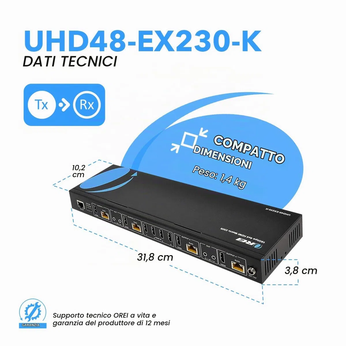 OREI 4K 4x4 HDMI Extender Matrix - UltraHD 4K @ 60Hz 4:4:4 su singolo cavo CAT5e/6/7 con commutatore HDR e controllo IR, RS-232 - fino a 230 Ft - 1080P Downscale - 4 x Loop Out - 4 ricevitori inclusi
