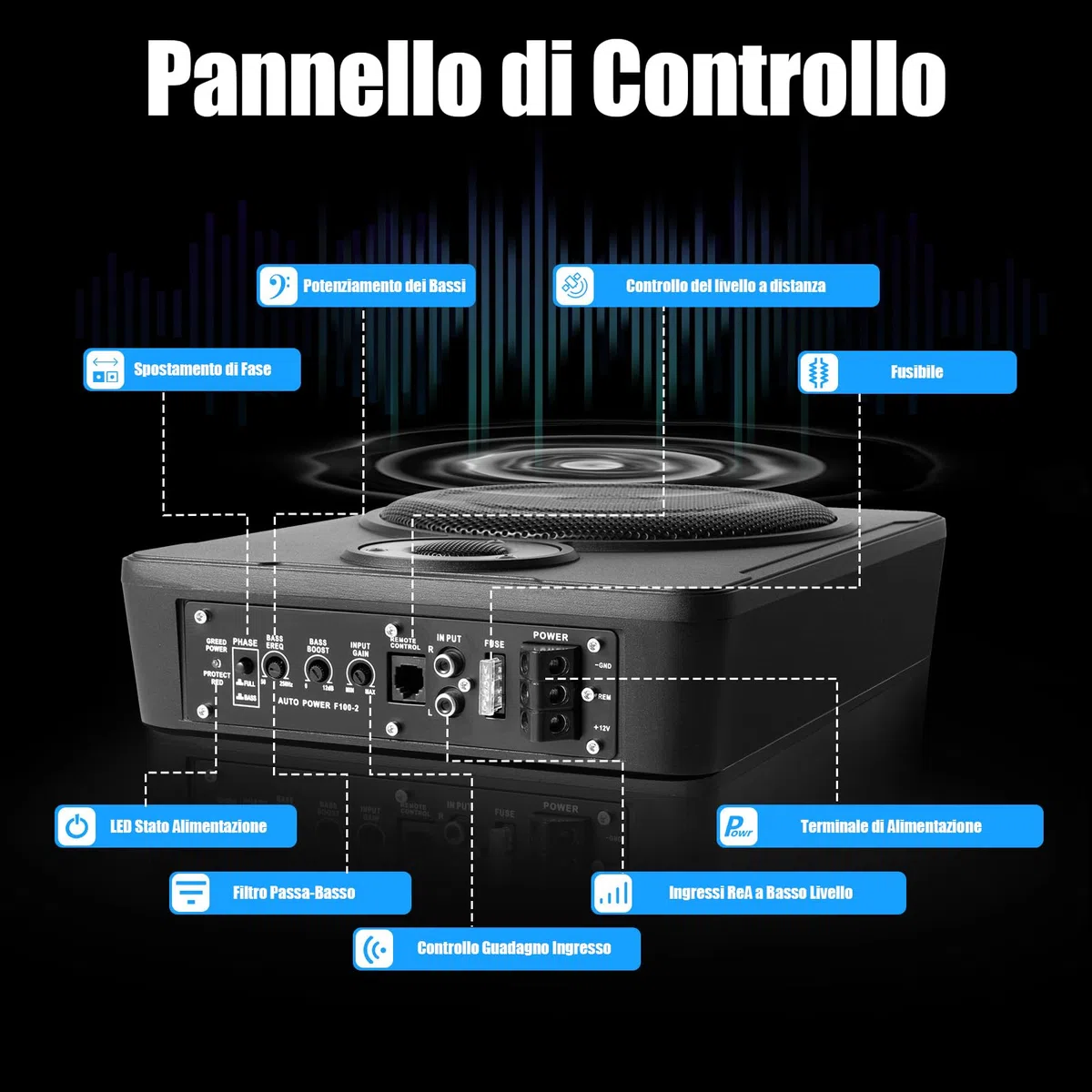 Subwoofer per auto da 8 pollici, 300W, compatto, amplificatore per auto con cavo remoto, altoparlanti attivi alti e subwoofer amplificatore,Con luce LED