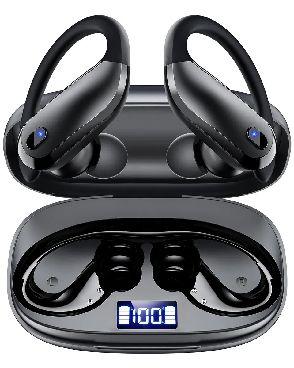 Auricolari wireless Bluetooth 5.3 sportivi con ganci, auricolari impermeabili IPX7, auricolari 48 ore di riproduzione, leggeri 7,8 g, microfono con cancellazione del rumore, cuffie Bluetooth per corsa