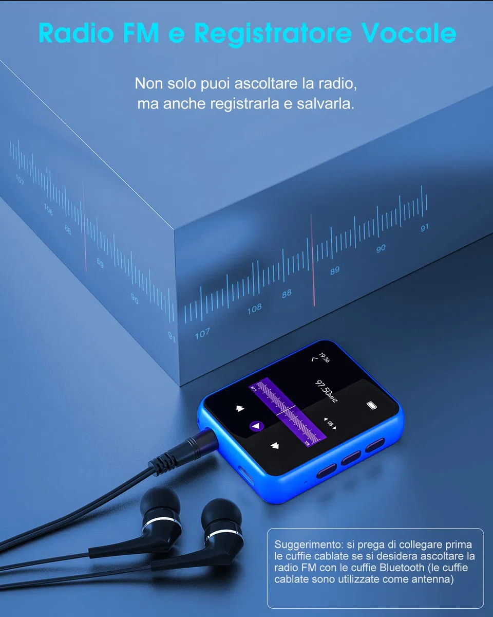 32GB Lettore MP3 con Bluetooth 5.0, Portatile Hi-Fi Sound Lettore di musica con Altoparlante, Line-in Registratore Vocale, Radio FM, e-book, Full Touch Schermo, Supporto fino a 128 GB di schede