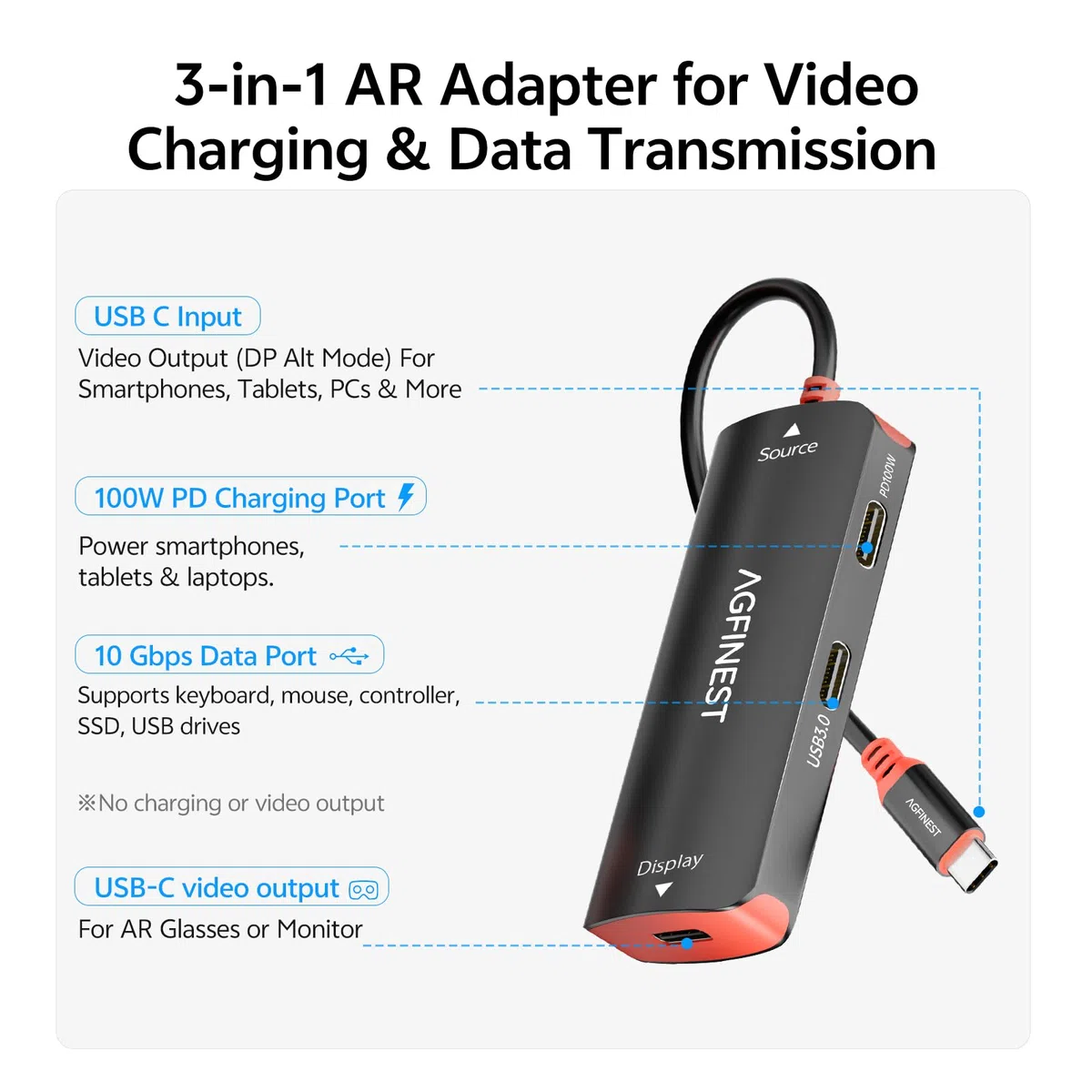 Adattatore per occhiali da USB-C a AR Switch 2 - 4K @ 60Hz 2K @ 120Hz 100W PD USB-C Porta dati USB-C per tastiera mouse, compatibile con iPhone17/16 Switch Steam Deck Laptop a XREAL, VITURE, Rokid AR