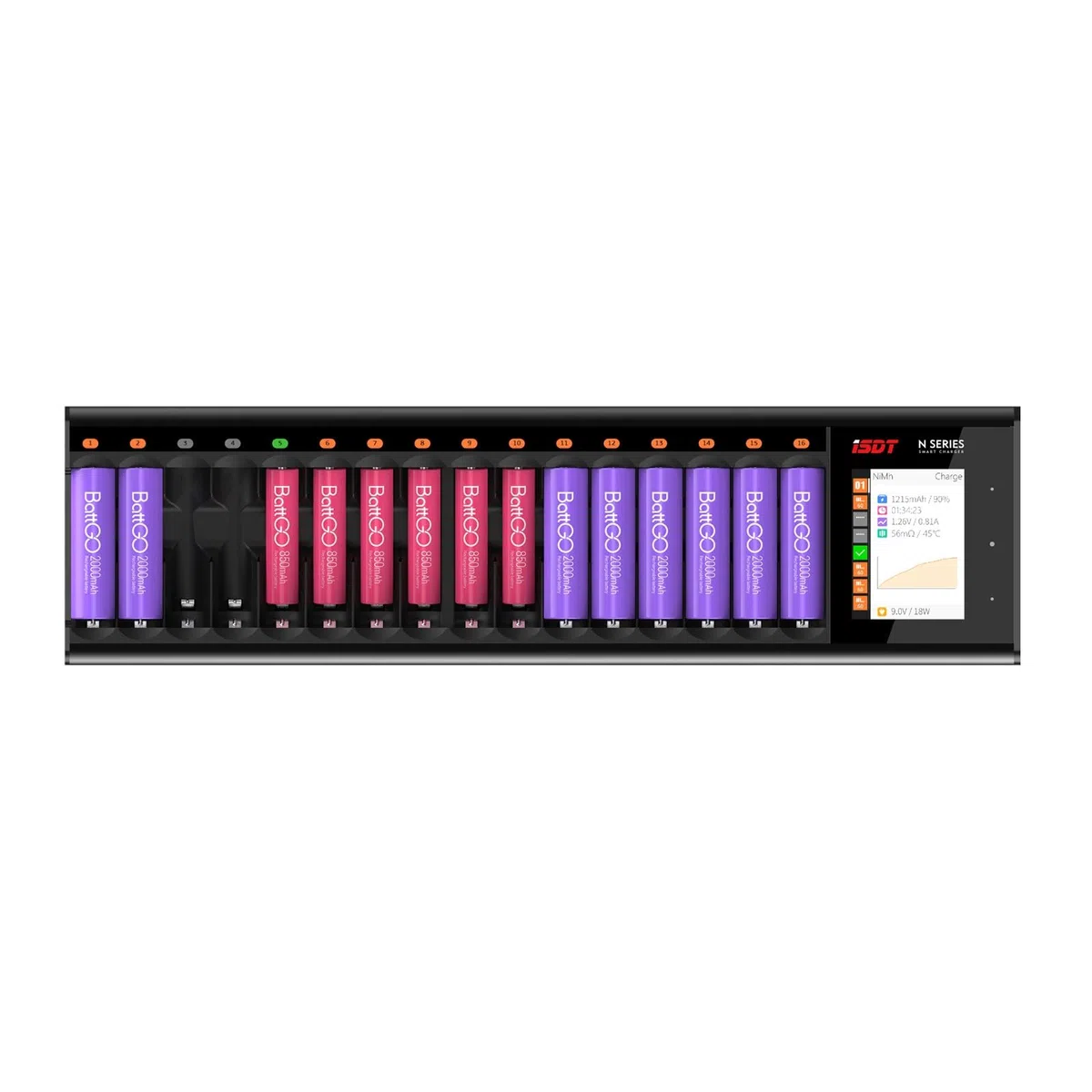 ISDT N16 - Caricatore universale con display LCD, 16 slot Speedy Smart Battery per batterie ricaricabili AA AAA Li-lon LiHv NI-MH NI-Cd LiFePO4