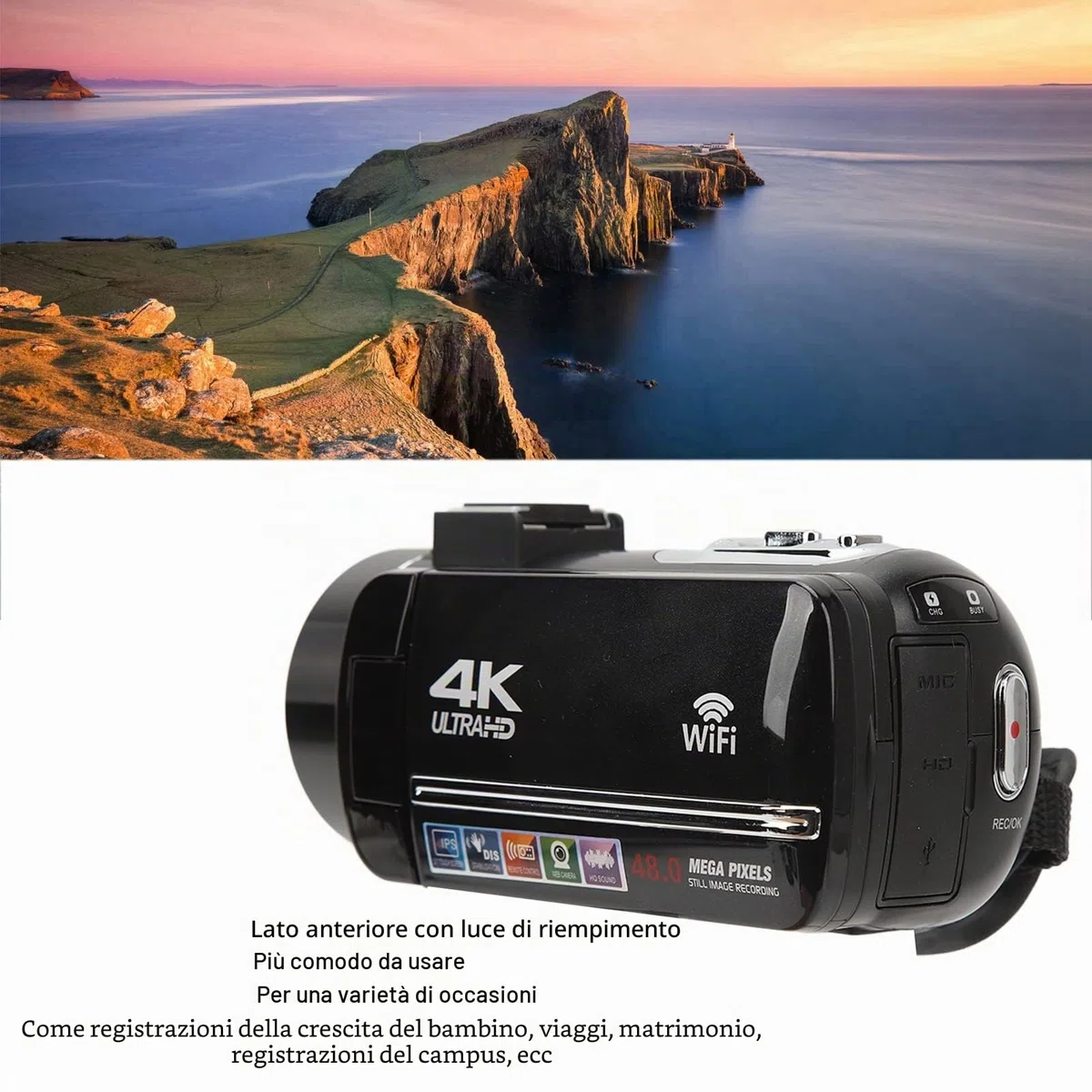 ciciglow Videocamera Digitale HD 4K, 48MP, Zoom 18X, Touch Screen 3.0 Pollici, WiFi, Telecomando, Batteria 1500mAh