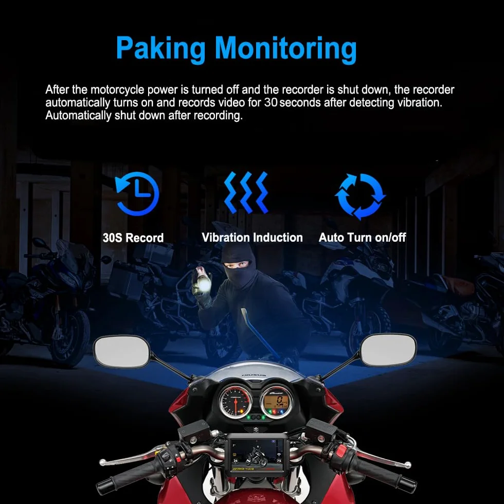 VSYSTO 3 pollici moto dash cam IPS schermo ad alta definizione WiFi GPS di monitoraggio automatico di parcheggio off/on visione notturna impermeabile doppia 1080P anteriore e posteriore