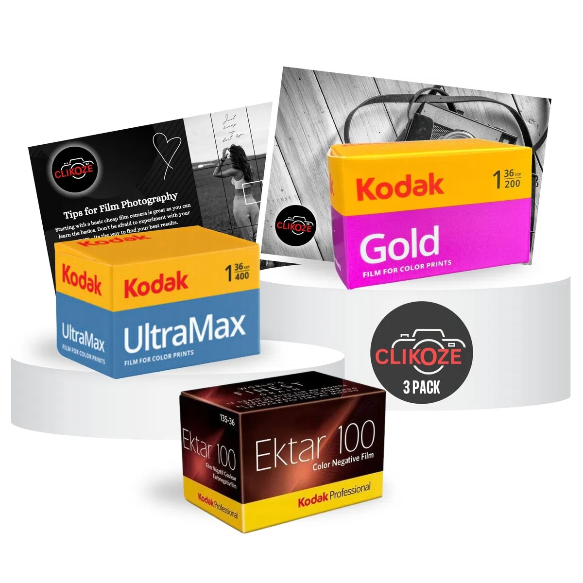 Kodak Film Bundle: Ultramax 400, Ektar 100, Gold 200 (36 esposizioni ciascuna) x3 con scheda di consigli per fotografia fotocamera Clikoze
