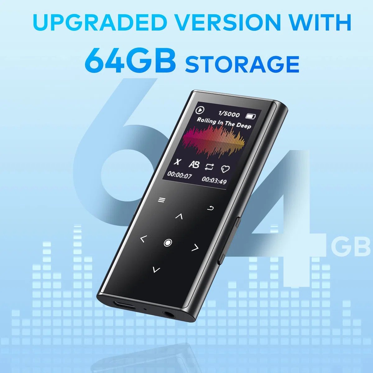 64GB Lettore MP3, Lettore Musicale con Bluetooth 5.2, Altoparlante HD Integrato, FM Radio, Registratore Vocale, Mini Design, Peso 70G, Suono HiFi, Ideale per Lo Sport, Auricolari Inclusi