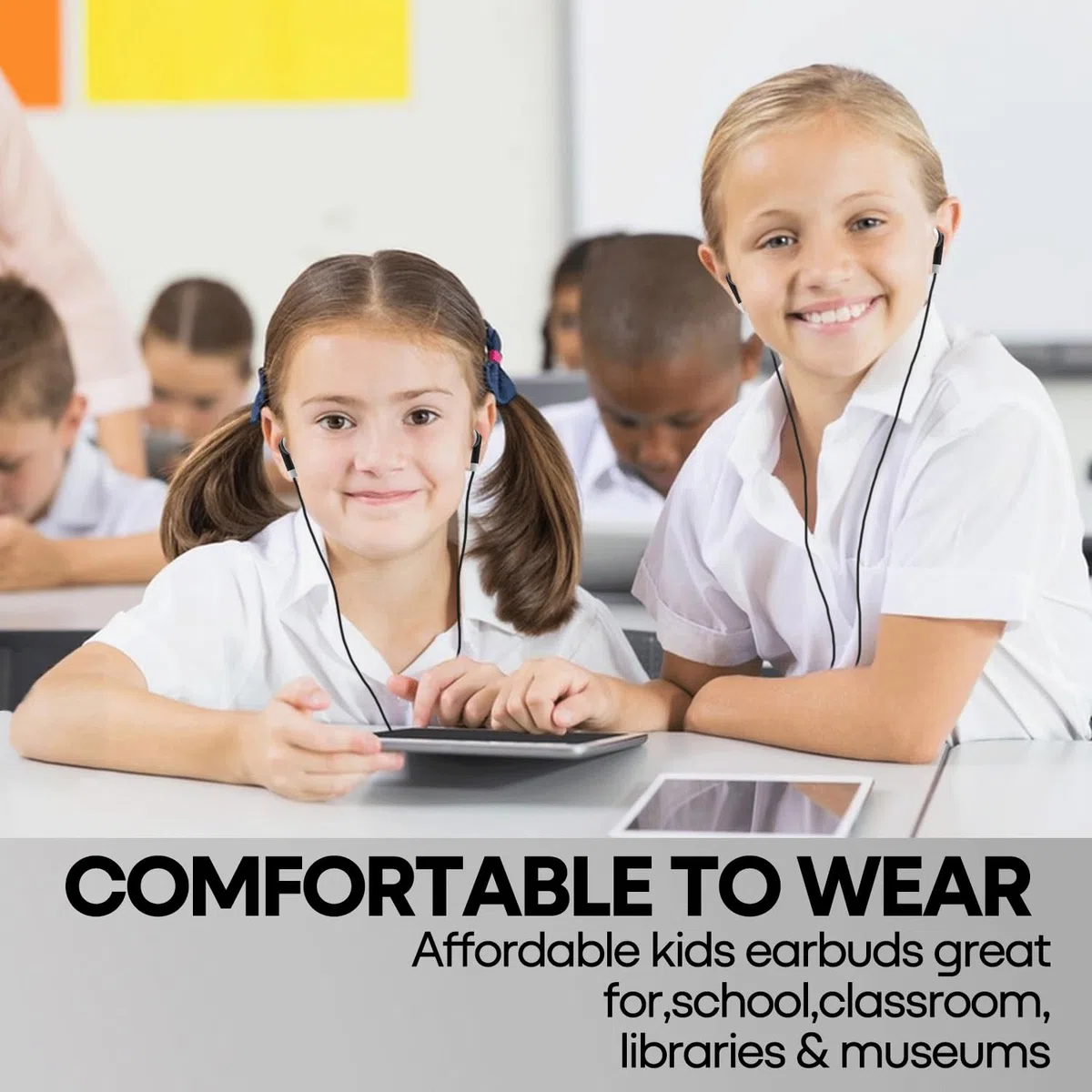 Confezione da 50 auricolari per bambini, per scuola, classe, all'ingrosso, con cavo, per bambini, studenti, ragazzi, ragazze, confezionati singolarmente (GS01,50 nero)