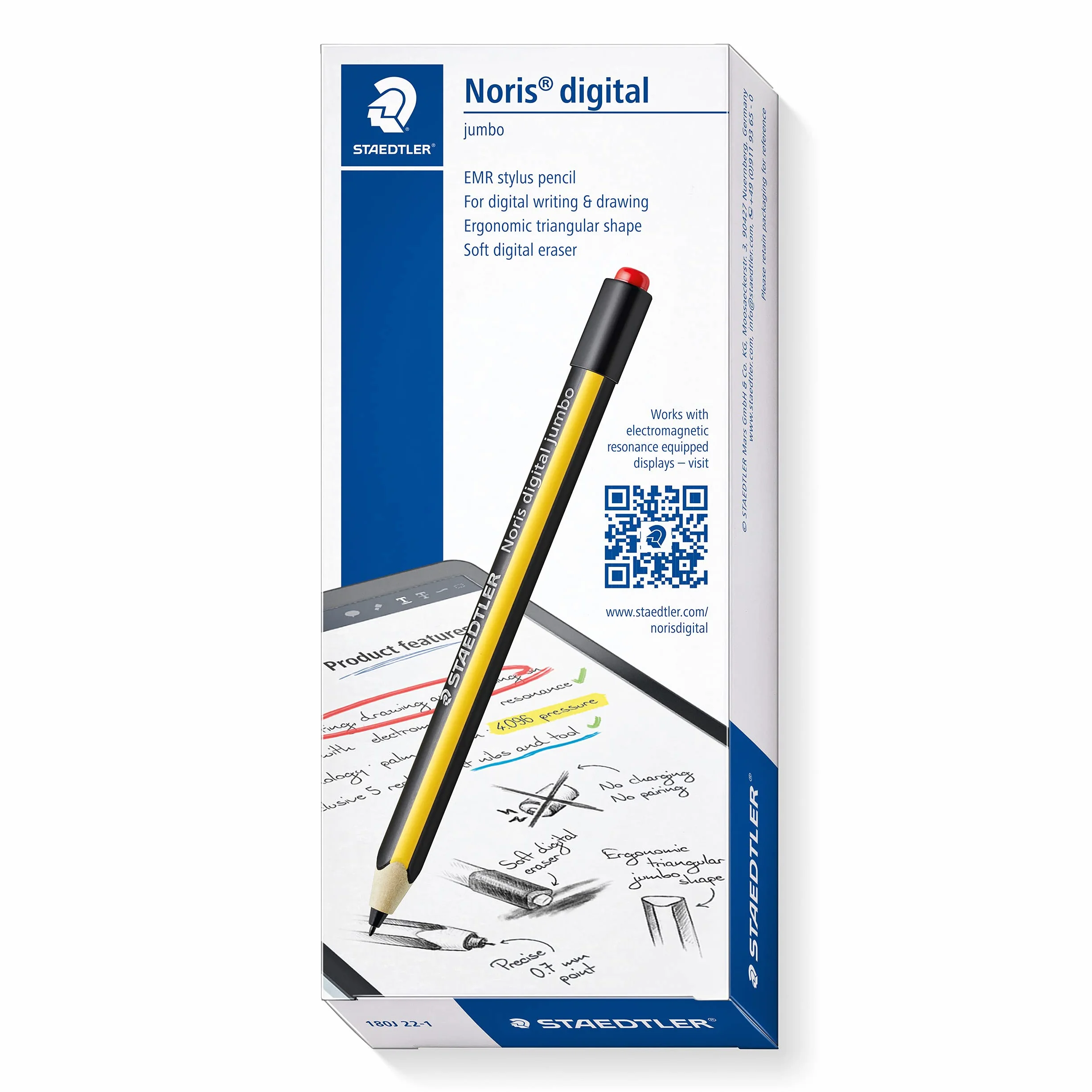 STAEDTLER Noris digital 180J 22 Stilo con 5 punte di ricambio – Penna digitale EMR 0,7 mm, 4.096 livelli di pressione, triangolare, penna per tablet android universale - 180J 22-1