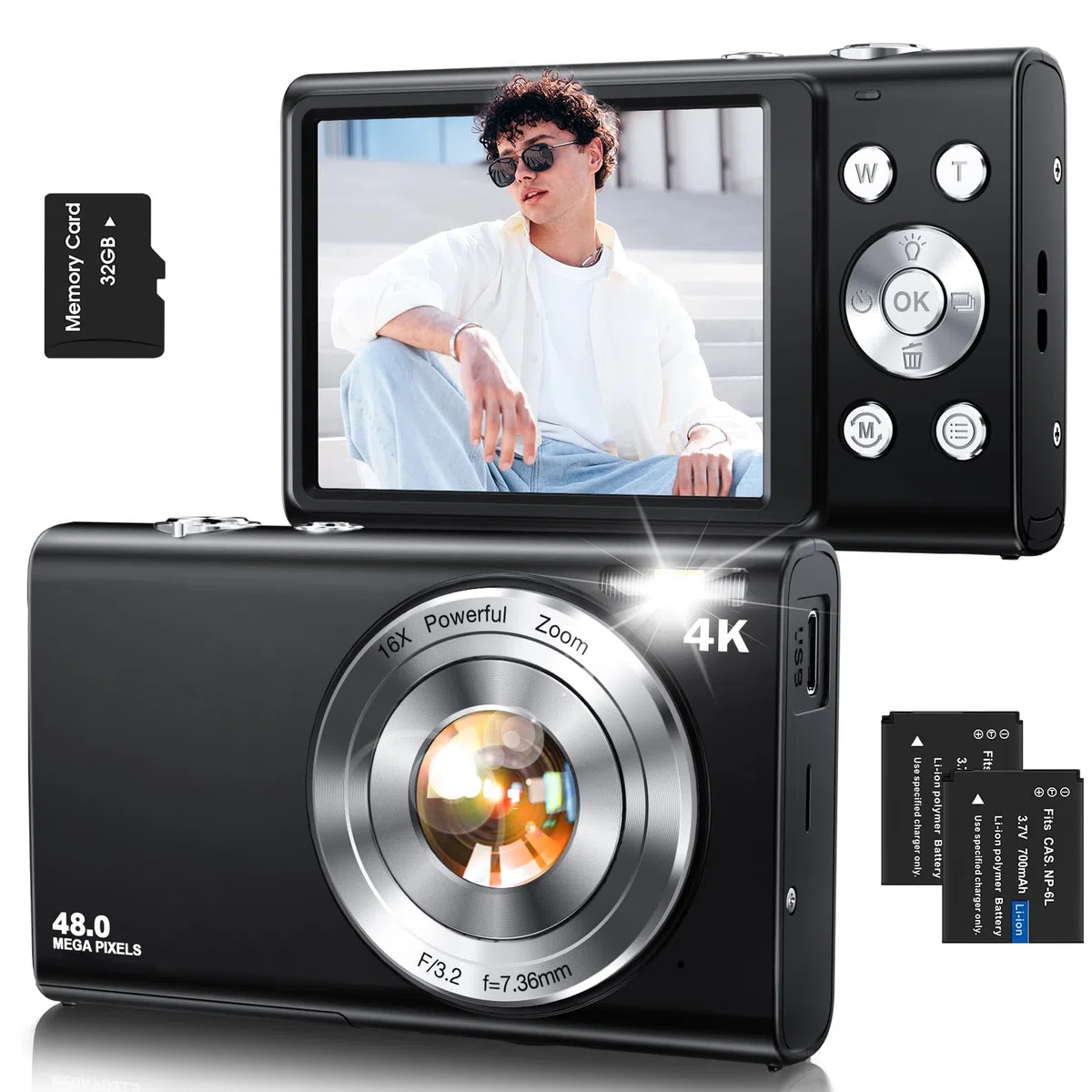 Fotocamera digitale, autofocus 4K Vlogging fotocamera per fotografia con scheda da 32 GB, 48 MP, fotocamera digitale compatta portatile per adolescenti, adulti e principianti, con zoom 16x