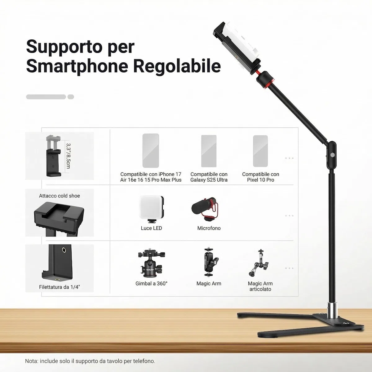 NEEWER Supporto Treppiede Telefono Overhead con Braccio Articolato con Doppia Testa Sferica, Porta Cellulare da Tavolo con Base Pieghevole per Pianoforte Cucina Disegno Schizzi Streaming Live, DS026