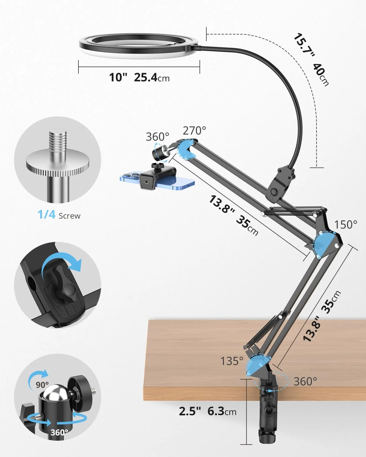 UBeesize Treppiede per cellulare con luce ad anello, 10", per video alimentari | Tubo flessibile treppiede per cellulare con luce ad anello per tavolo con treppiede per YouTube, TikTok, Live Stream, cucina