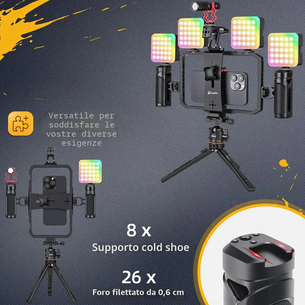 Zeadio - Kit tutto in uno per video telefonici, versatile gabbia per attrezzatura con luce RGB, microfono, treppiede con testa a sfera Arca, perfetto per registrazione/YouTube/trasmissioni in diretta