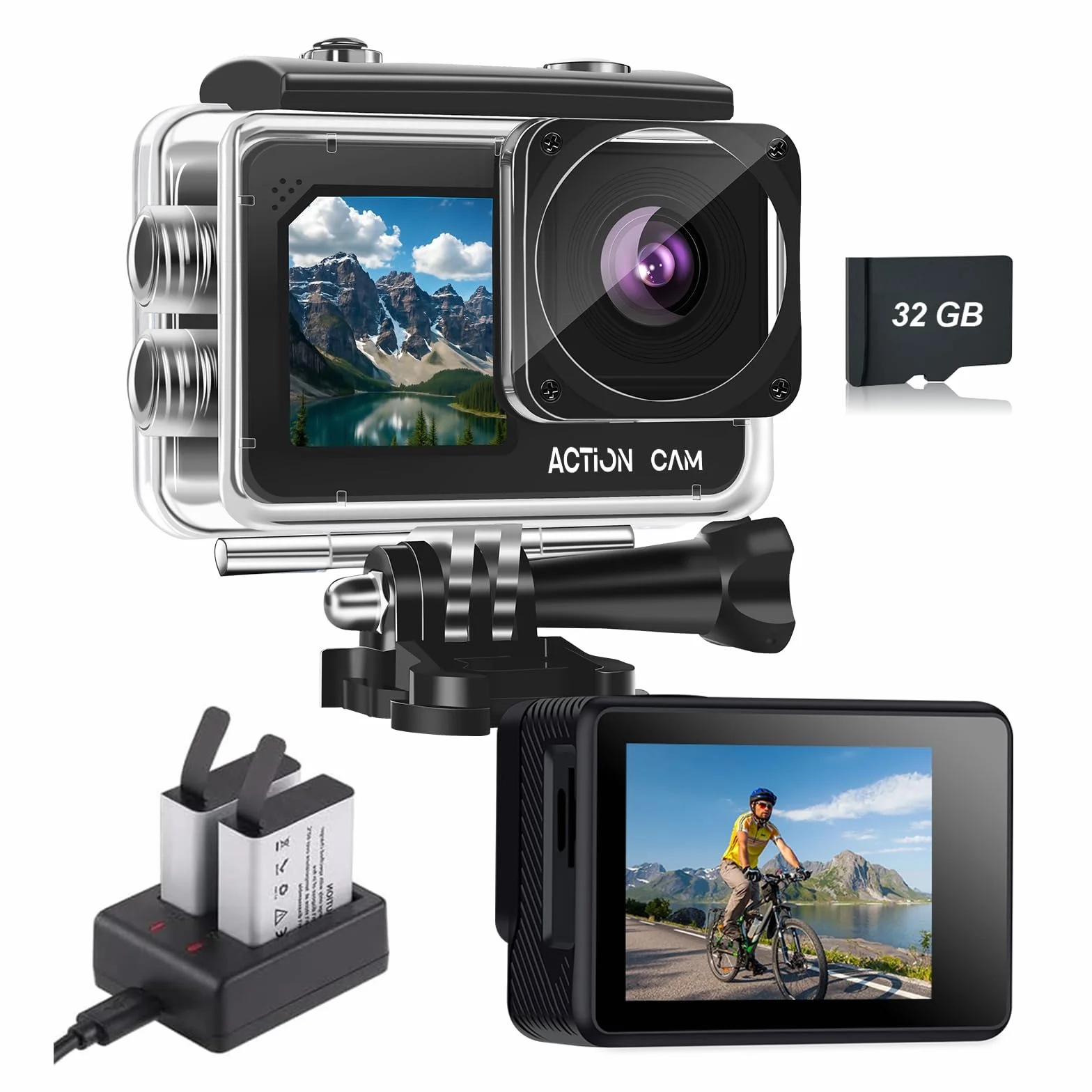 Dual Screen Action Cam FHD 1080P, fotocamera subacquea impermeabile fino a 40 m, action camera con 2 batterie ricaricabili da 1050 mAh e set di accessori