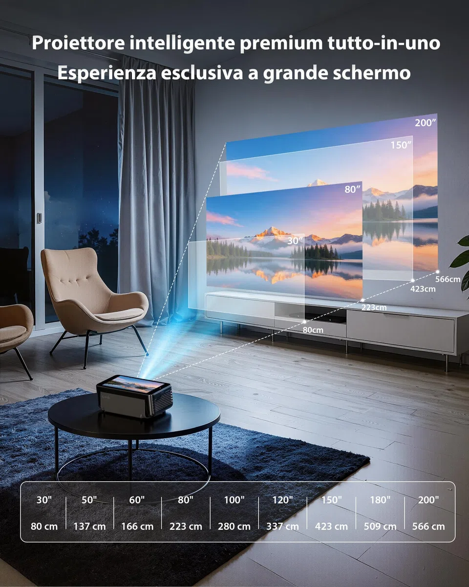 Estelle One Proiettore 4K con 64GB, Batteria Integrata, Android 12 | 5,99" Schermo Touch, Portatile Intelligente, Autofocus/Keystone, Download di App e Rotazione di 90° - Nero