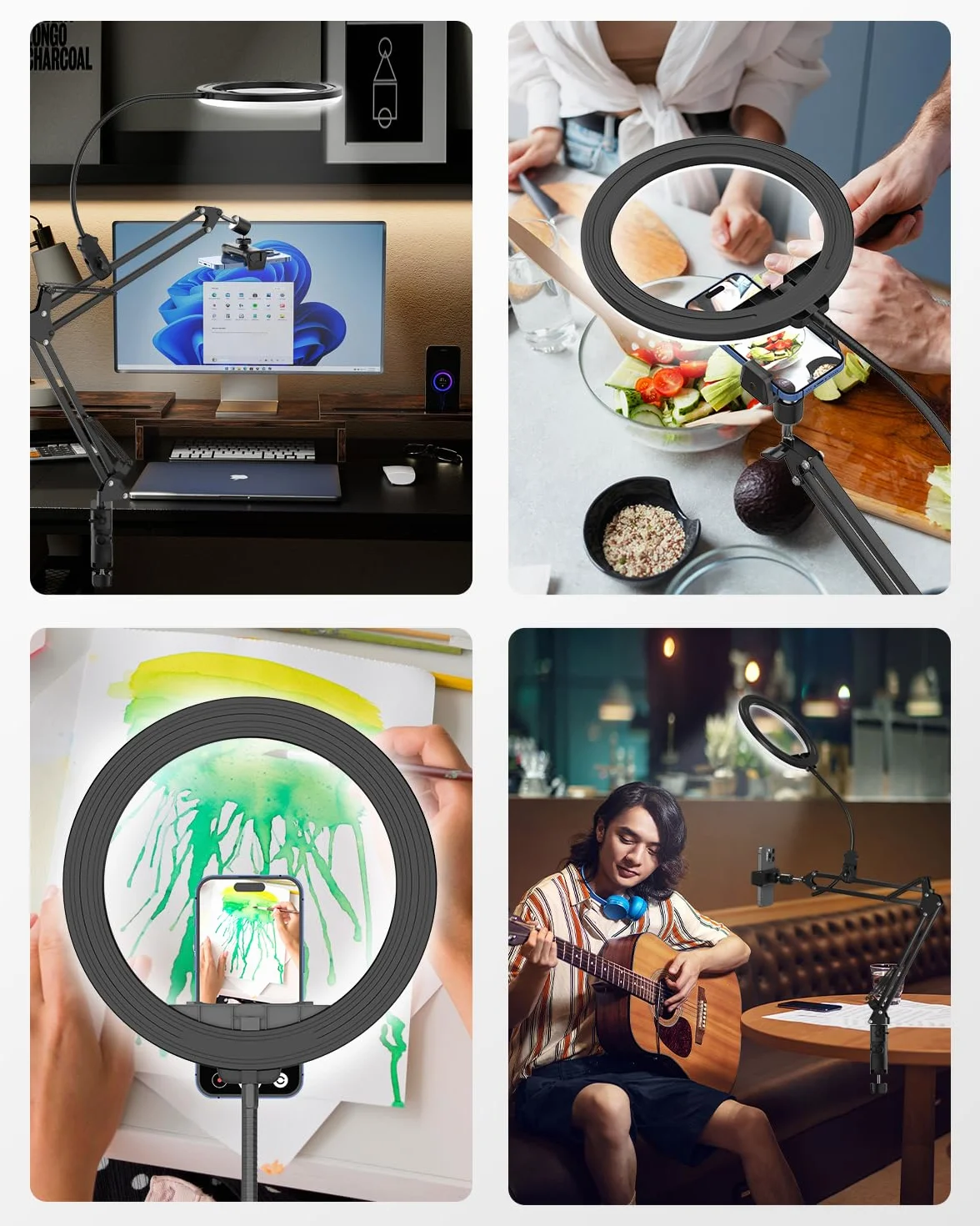 UBeesize Treppiede per cellulare con luce ad anello, 10", per video alimentari | Tubo flessibile treppiede per cellulare con luce ad anello per tavolo con treppiede per YouTube, TikTok, Live Stream, cucina
