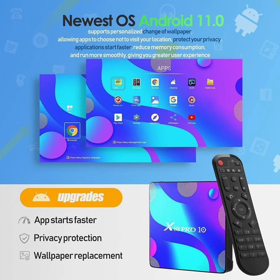 Android 11 TV Box,TUREWELL 4GB RAM 32GB ROM RK3318 Quad-Core 64bit Cortex-A53 Support 2.4/5.0GHz dual-Band WiFi BT4.0 3D 4K 1080P H.265 10/100M Ethernet HD2.0 Smart TV Box