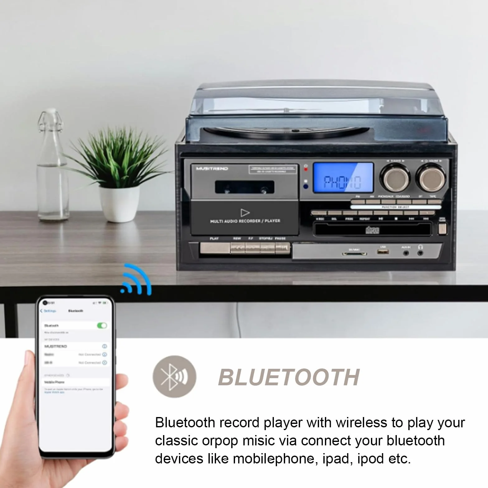 Giradischi vintage giradischi con riproduzione di CD e cassette per gli amanti della musica, stile classico, perfetto per gli appassionati di casa e audio