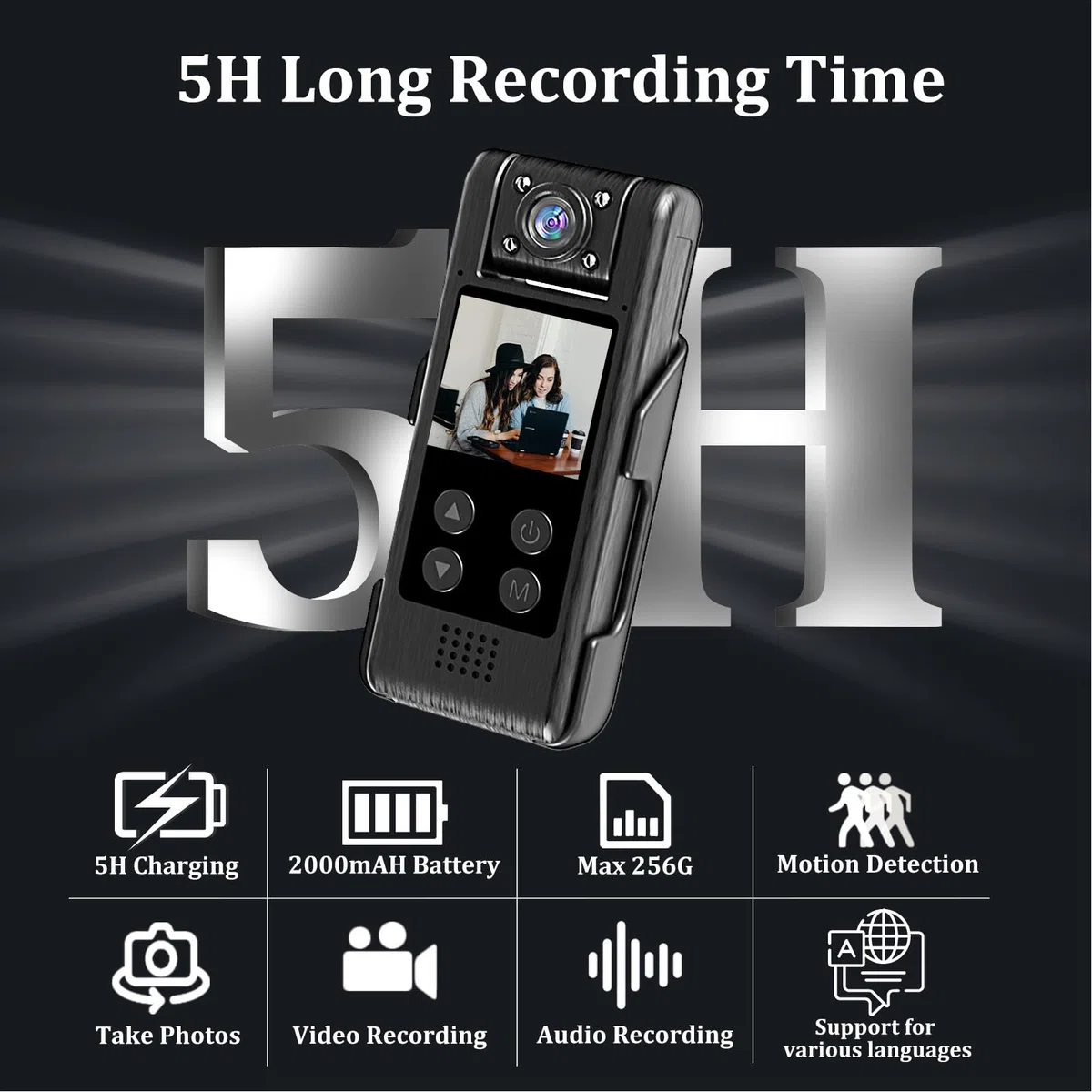 Fotocamere per il Corpo con Registrazione Audio e Video, Fotocamera per il Corpo, Videoregistratore Indossato Sul Corpo 4K Ultra HD Grandangolo da 140 Gradi 1200 MAh Visione