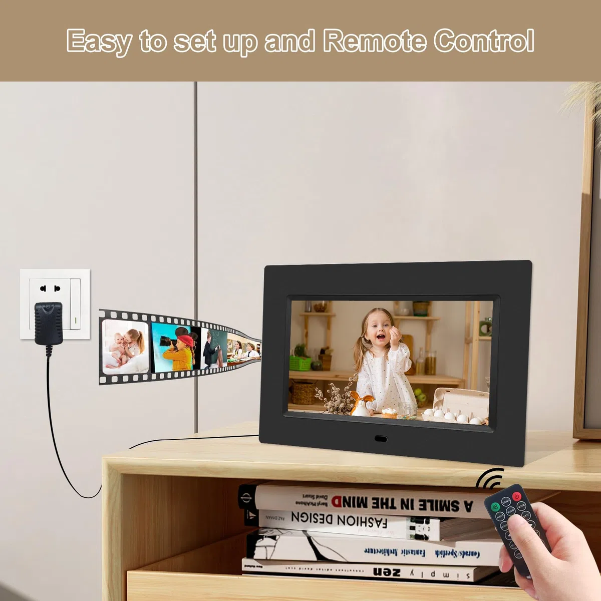Cornice per foto digitale, 7 pollici, display IPS completo, cornice elettronica, video, riproduzione musicale, calendario, sveglia, con telecomando, slot per schede USB/SD (non WiFi)