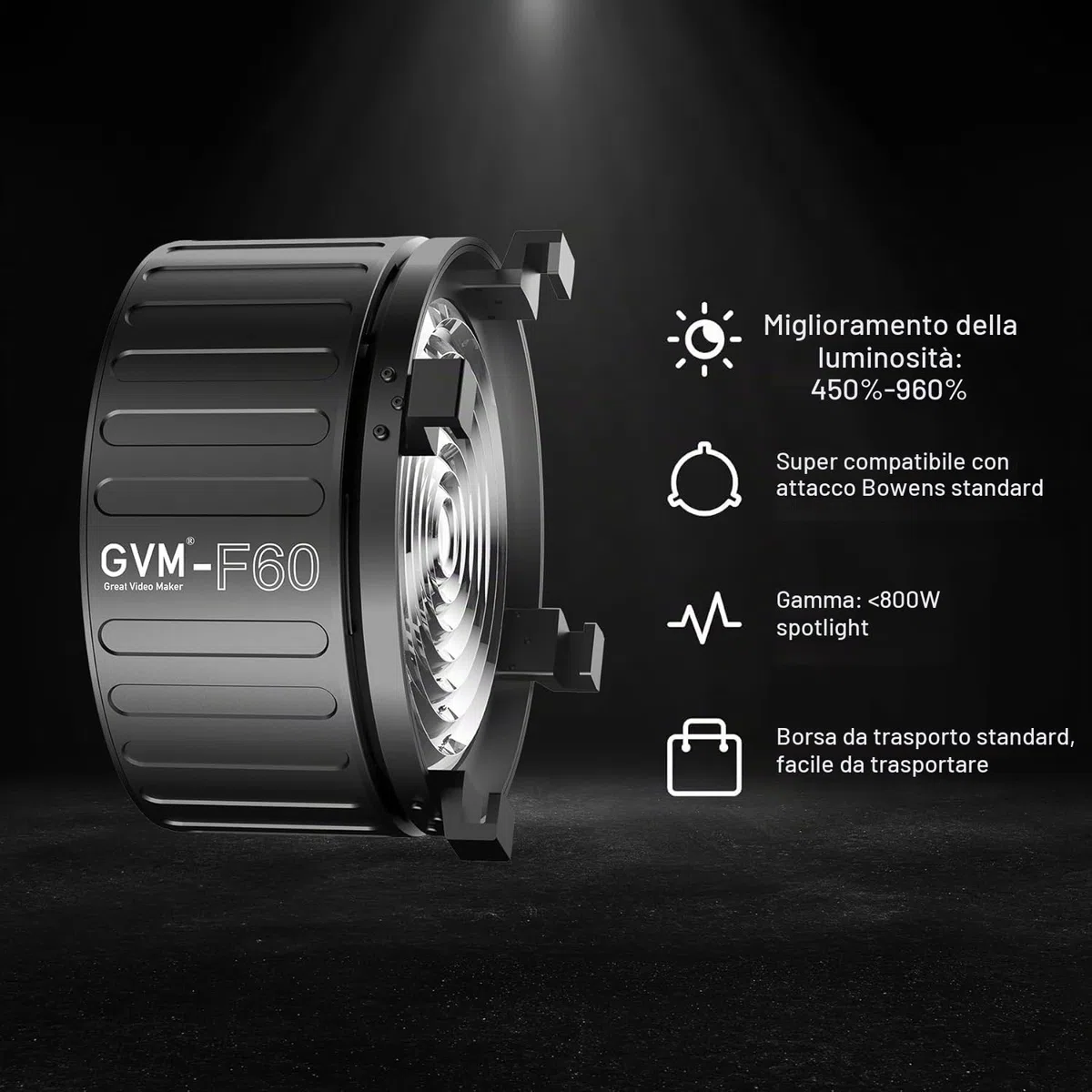 GVM - Lente Fresnel per luce video a LED con supporto Bowens, compatibile con PROSD400B, 500B, 650B, SD600D, SD600S, illuminazione di uscita continua per studio fotografico