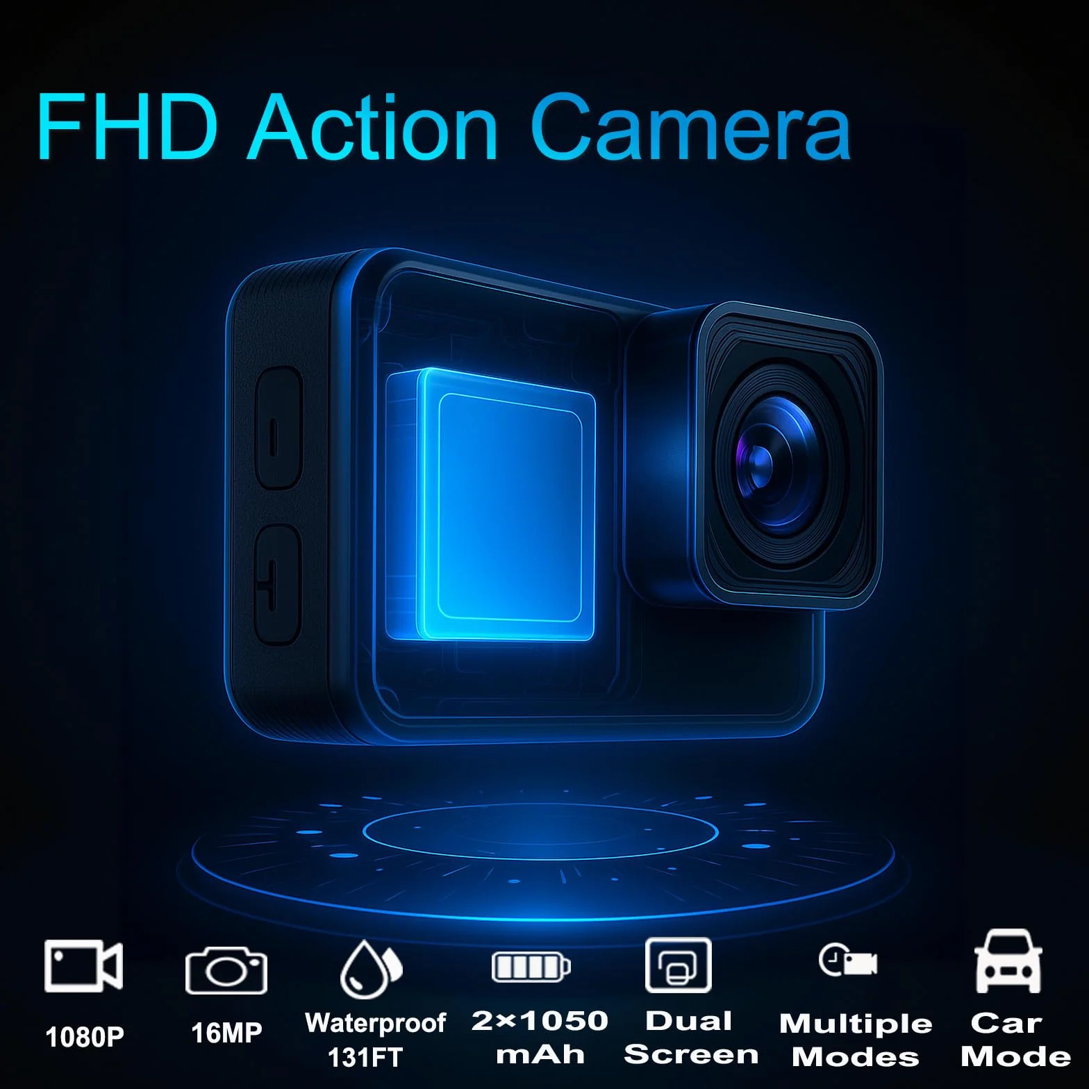 Dual Screen Action Cam FHD 1080P, fotocamera subacquea impermeabile fino a 40 m, action camera con 2 batterie ricaricabili da 1050 mAh e set di accessori