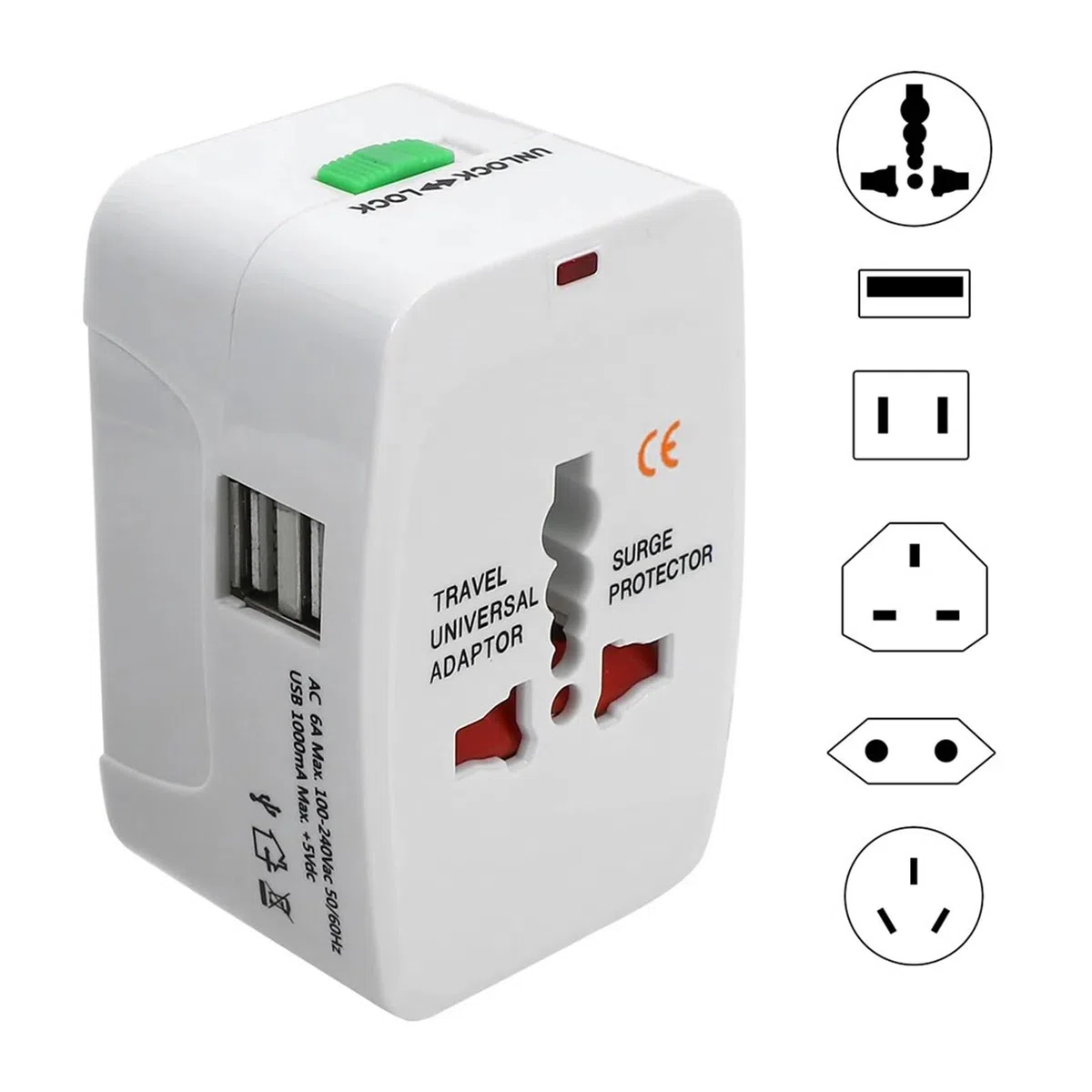 Adattatore universale AU/US/UK/EU con 2 porte USB-C | Adattatore da viaggio con prese AU/US/UK/EU. Include 2 porte USB-C. Certificato CE.(Black 2USB)