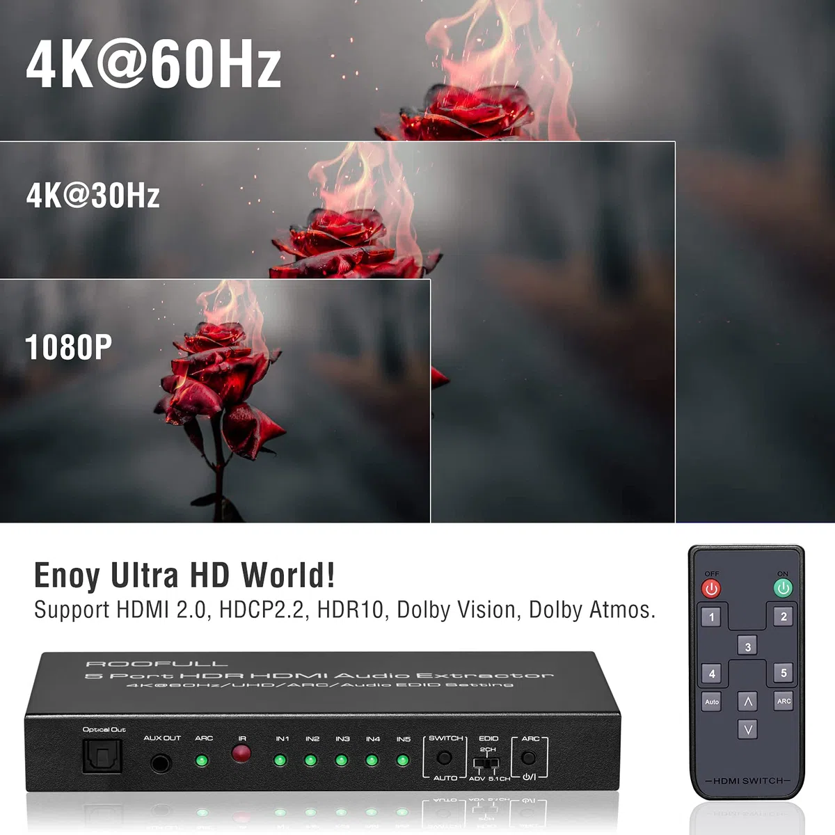 ROOFULL Commutatore HDMI 4K a 5 porte con uscita audio ottica e AUX da 3,5 mm, uscita 5 in 1 4K a 60 Hz, estrattore audio HDMI 2.0 con telecomando, supporto ARC, HDR 10, HDCP 2.2, 18 Gbps, Dolby