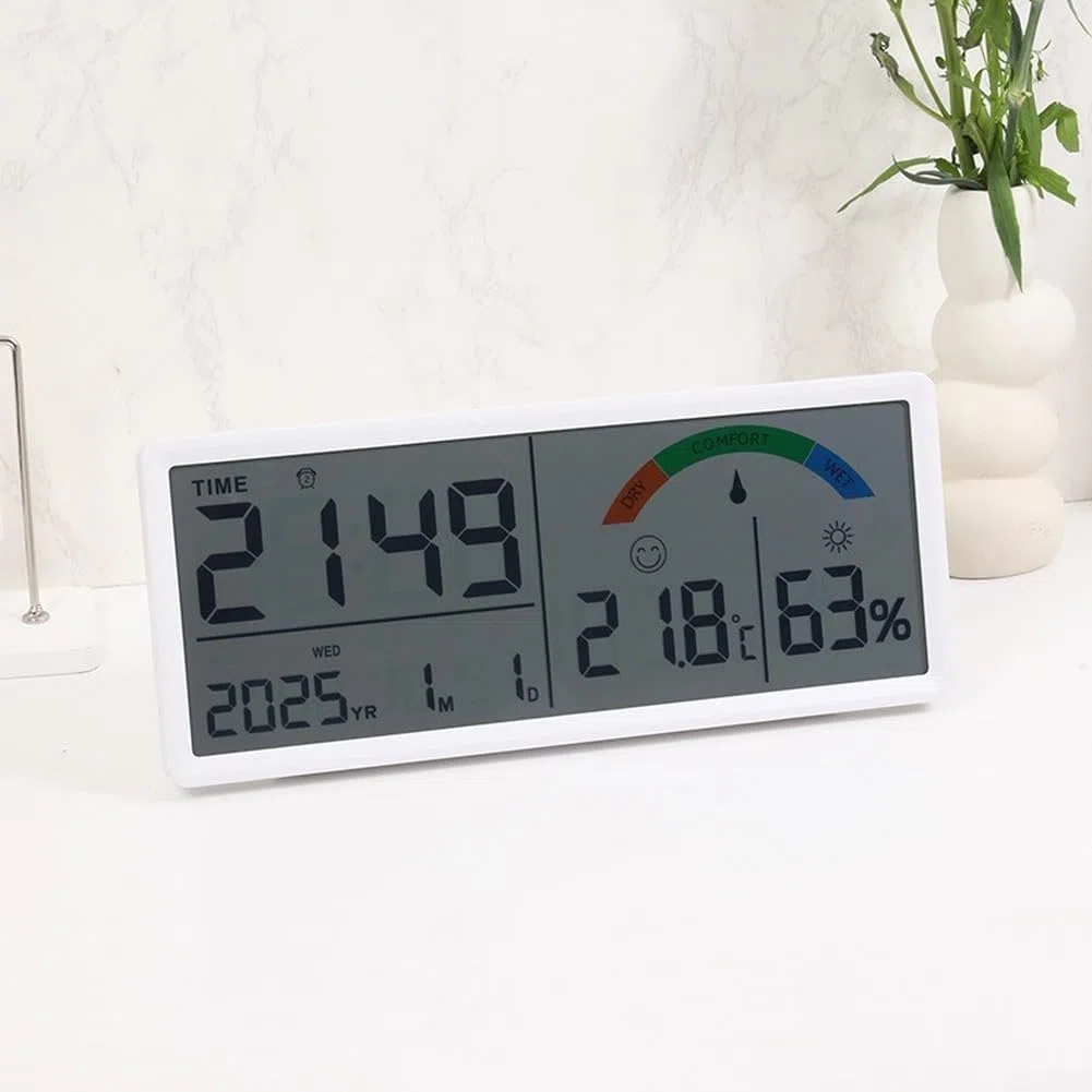 Grande orologio da parete digitale LCD con display a temperatura e umidità, calendario sveglia e formato 24 ore, moderno orologio da scrivania rettangolare elettronico per soggiorno
