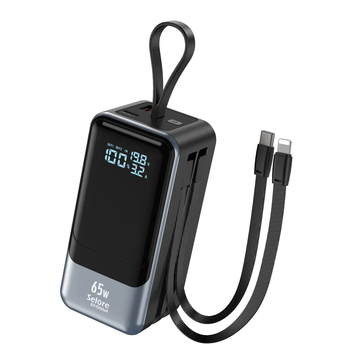 Selore&S-Global Power Bank, 65W Caricatore Portatile Ricarica Rapida, USB C Powerbank con Cavi Integrati, 4 Porte, Batteria Esterna per MacBook iPhone 17 16 15 14 Samsung Dell HP Steam Deck iPad Pro