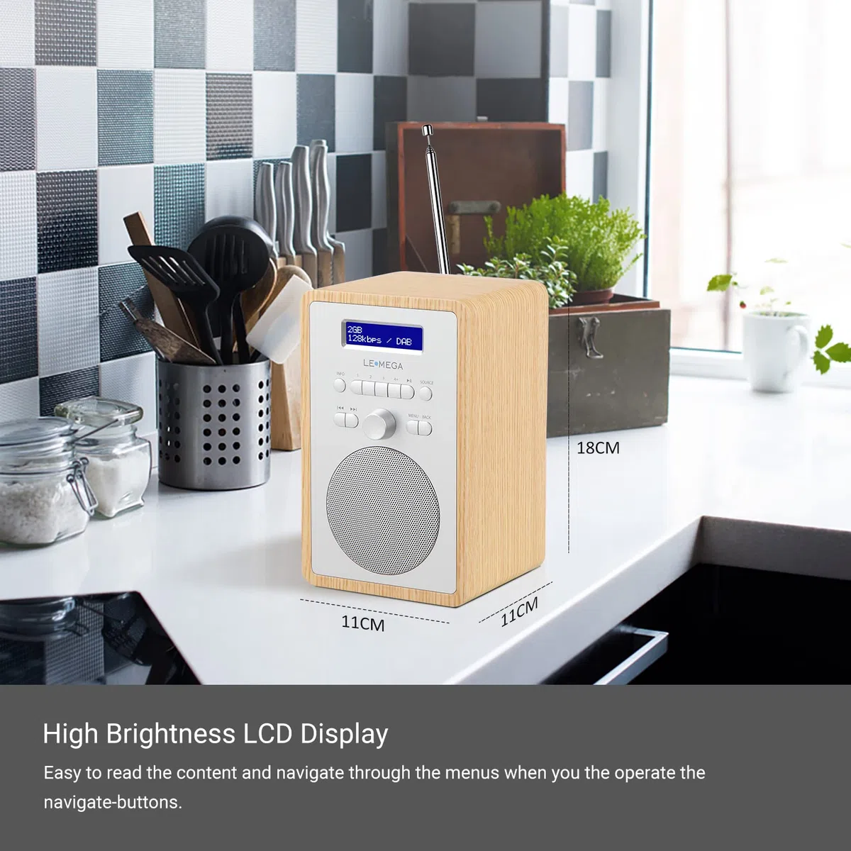radio CR2+ (DAB Plus) – retro digitale FM, radio da cucina, ufficio, effetto legno, 20 stazioni, radiosveglia/snooze/sleep timer - rovere bianco