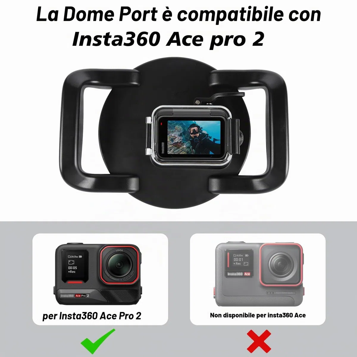 Porta a cupola subacquea per Insta360 Ace Pro 2, obiettivo a cupola per fotocamera, sistema di chiusura a portello ben progettato, impermeabile fino a 30 m, custodia impermeabile per immersioni