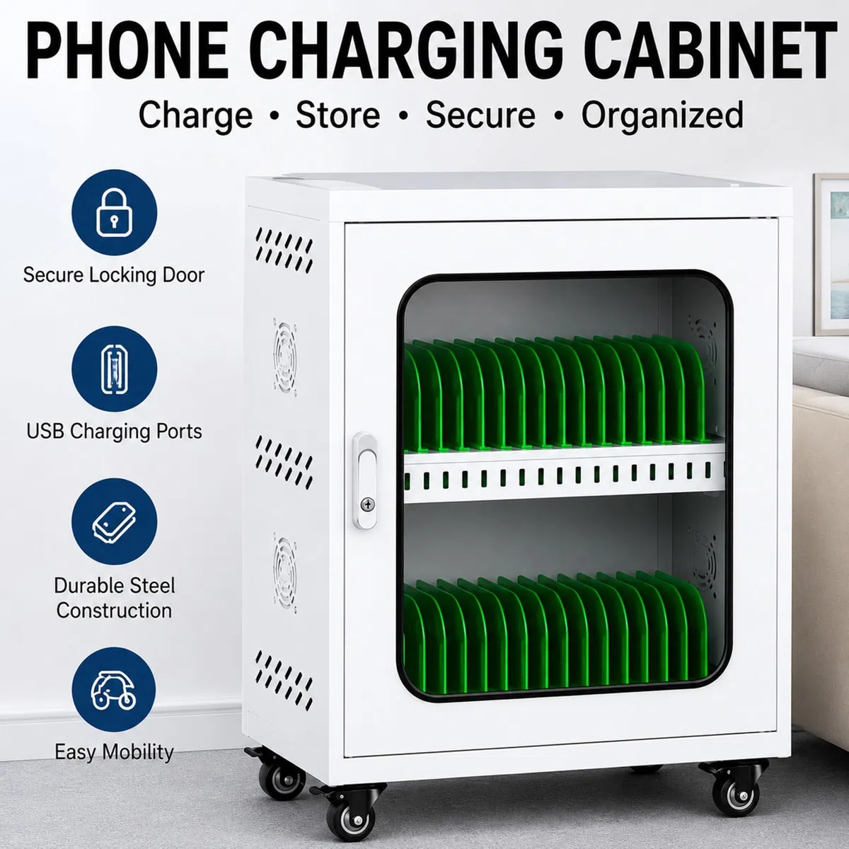 Armadio di Custodia e Ricarica per Telefoni con Chiusura e Sistema USB | Ideale per aziende,scuole,ospedali,biblioteche ed enti pubblici con dispositivi condivisi(Black,50 Slots)
