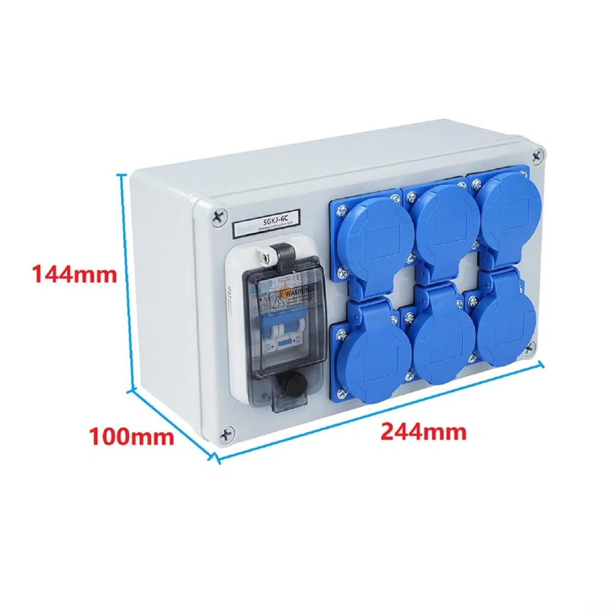 Distributore da parete IP54, a 6 scomparti, con interruttore FI 1P+N, 250 V/16 A, alloggiamento in ABS, impermeabile, antipolvere, per officina, garage, edilizia, esterni, grigio blu