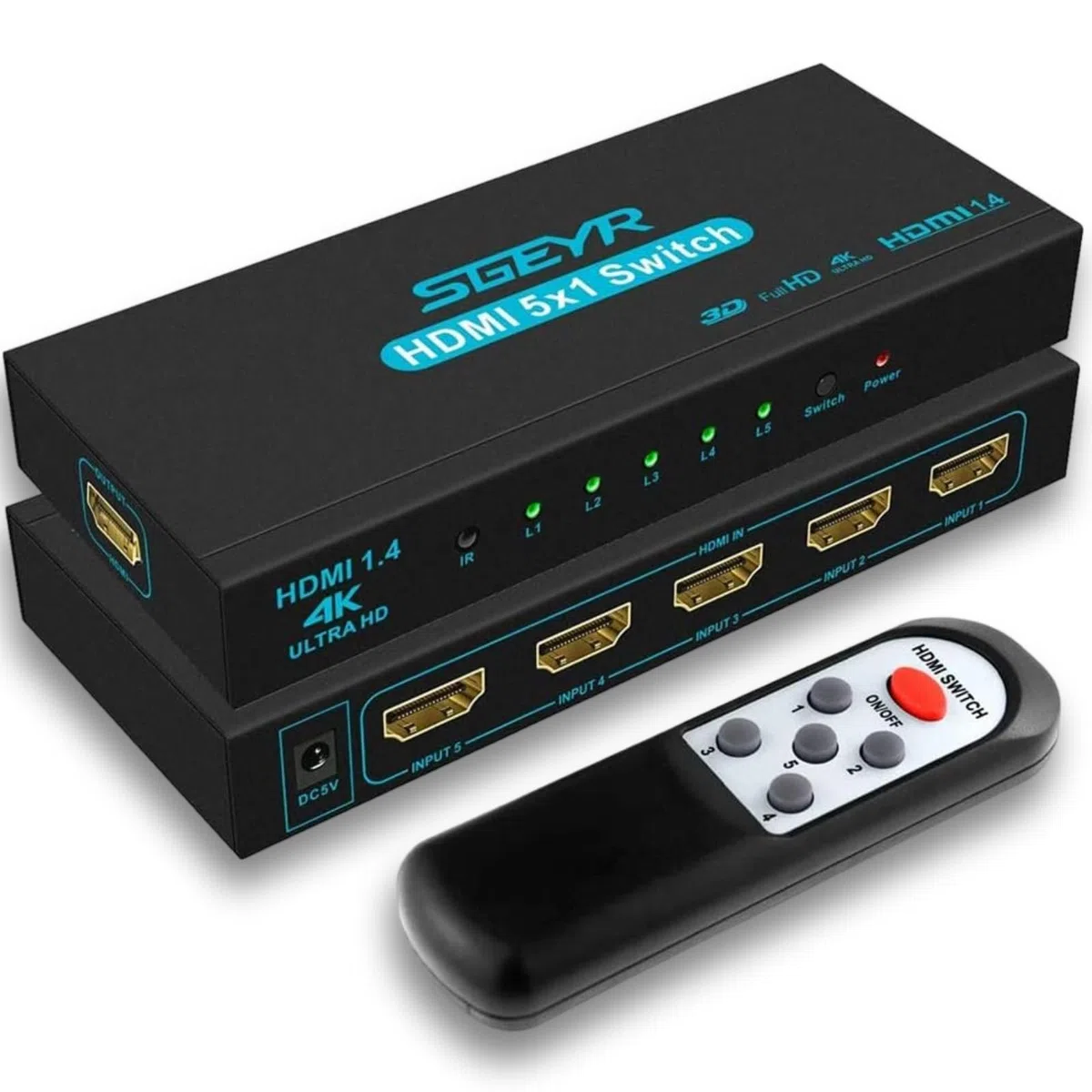 SGEYR Switch HDMI 5 in 1 Out Con Telecomando, Automatico 4K, Sdoppiatore Multi Porta per TV, Supporta 3D Full HD 1080P, per PS4, Xbox, DVD