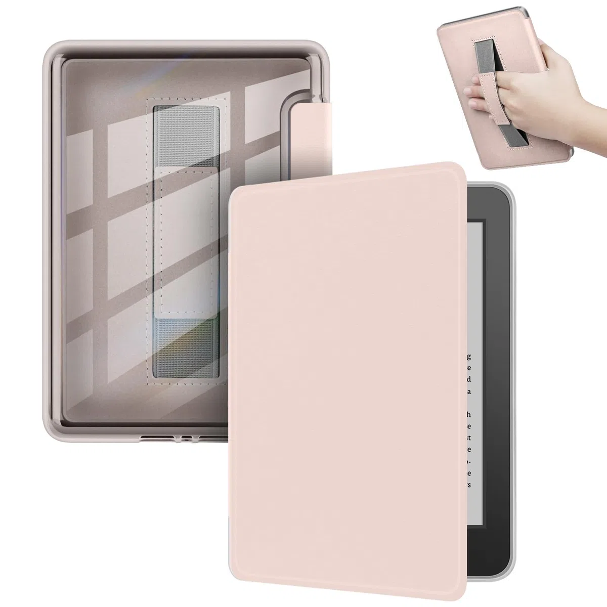 Custodia per Kindle Paperwhite 12th Generación 2024 7" e Kindle Colorsoft Signature Edition 7", con adesivi, cover in PU + retro rigido in TPU trasparente con cinturino, Auto Sleep/Wake, rosa