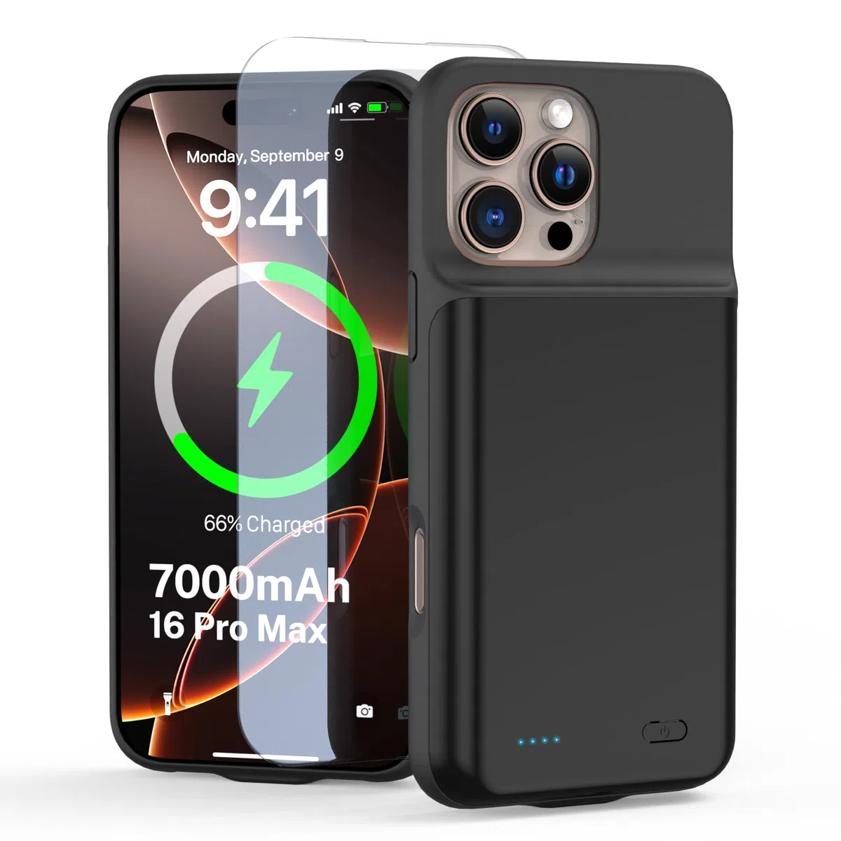 Custodia per batteria per iPhone 16 Pro Max (6,9"), 7000 mAh, ricaricabile, con protezione del carro armato, in vetro, con batteria aggiuntiva, colore nero