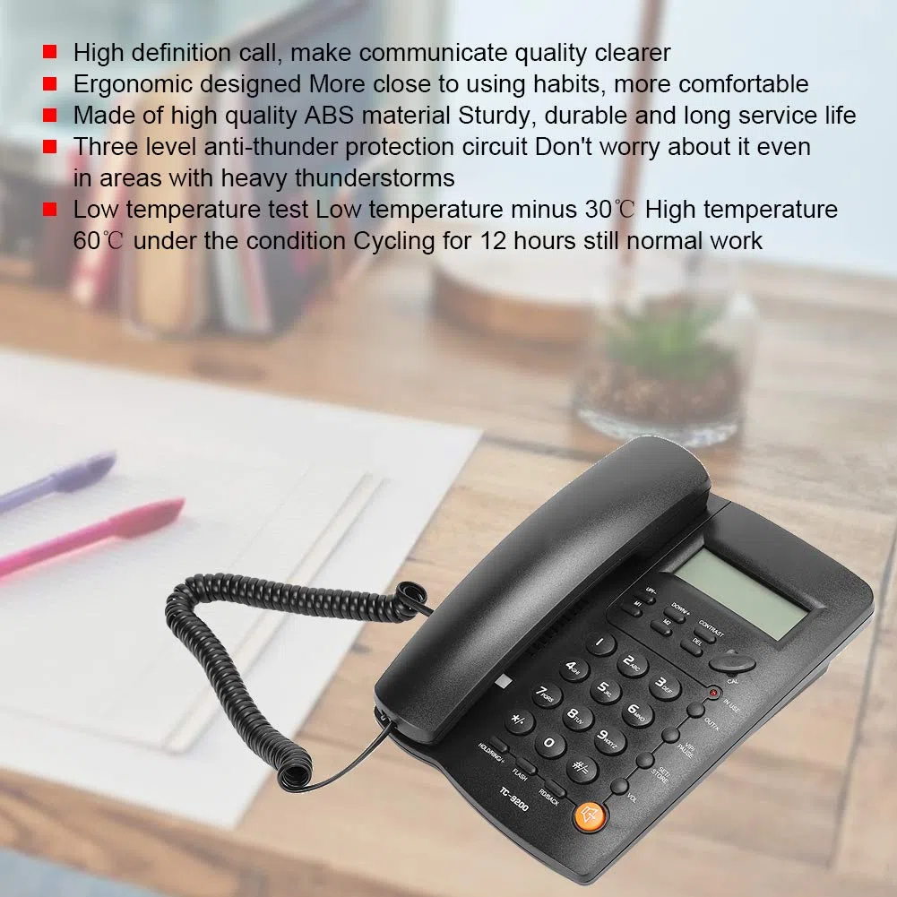 Telefono Fisso con Filo, Telefono Fisso Vivavoce da Tavolo Supporto telefonico cablato ricomposizione e richiamata, Funzione Flash per Ufficio/casa/Azienda/Camera degli Ospiti