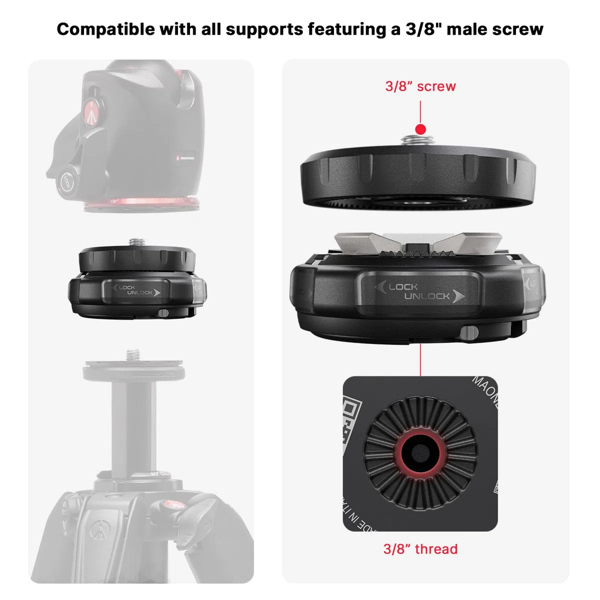 Manfrotto XCHANGE Quick Release, Sistema Universale per Treppiede/slider/accessori, Base e Piastra, Portata 20 Kg, Alluminio Leggero, Filetti 3/8" e 1/4", per Foto, Video e Luci
