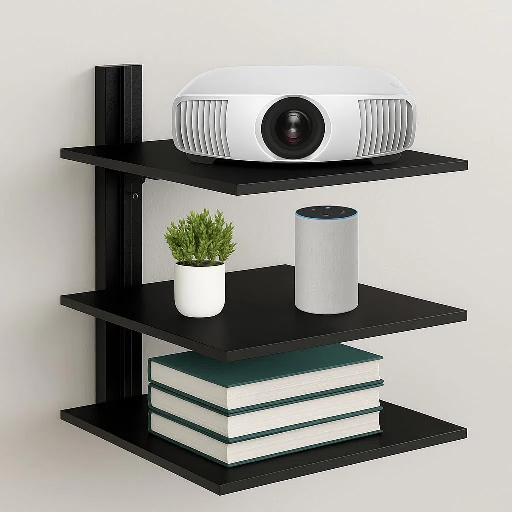 FEBTECH - Mensola sospesa per TV - Mensola per proiettore - Mensola da parete per TV, lettori DVD, console di gioco, decoder via cavo, accessori TV, 3 ripiani, nero