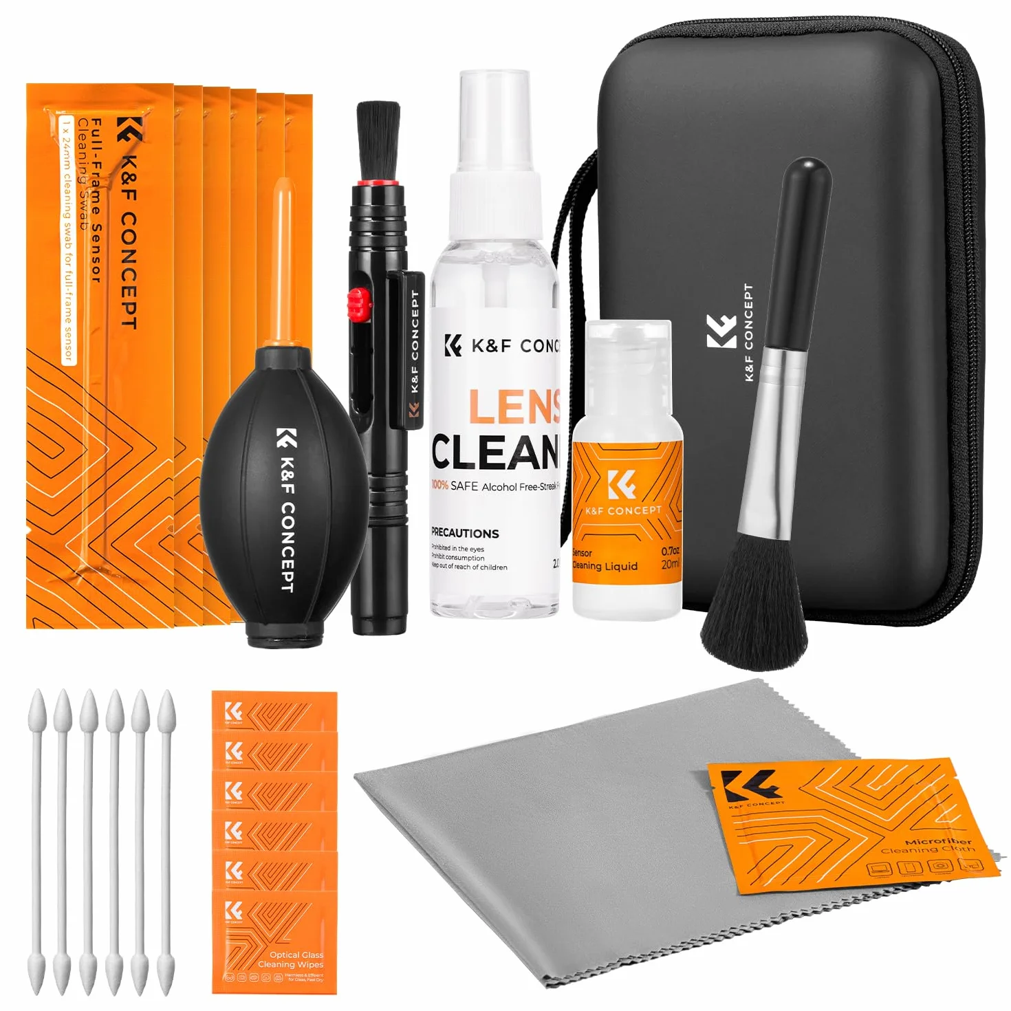 K&F CONCEPT 25-in-1 Kit Pulizia Fotografica con 24mm Bastoncini*6, 60+20ml Liquido, Custodia, Penna per Obiettivo, Pennello, Pompetta, 2 Panni, Cottonfioc per Pulizia Obiettivi DSLR, Filtri,Lenti