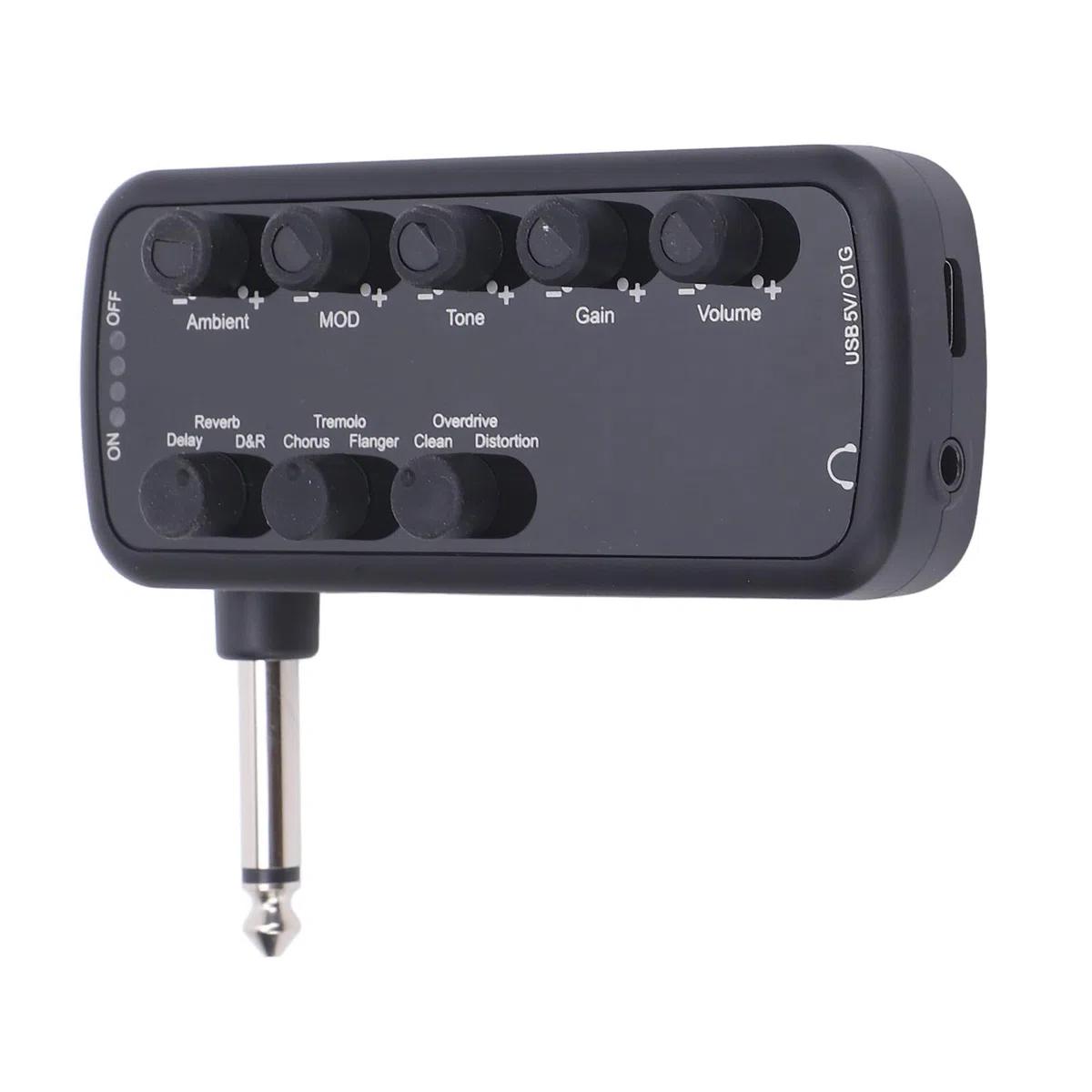 Chrees Amplificatore per Cuffie per Chitarra Elettrica, 5 Manopole con Effetti Sonori regolabili: Delay, Riverbero, Chorus, Tremolo, Flanger, per Registrazione OTG, Ingresso AUX,
