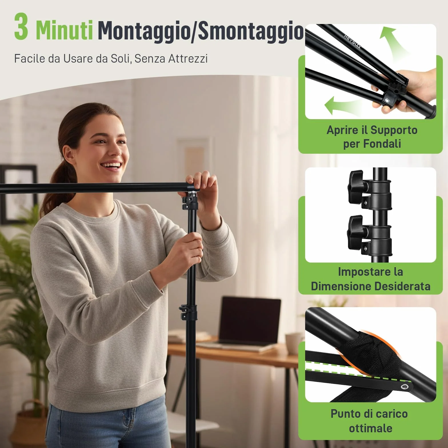 Supporto Fondale Fotografico 3x2m – Struttura Regolabile per Sfondo Fotografico, Telo Proiettore, Set Fotografico e Decorazioni Evento