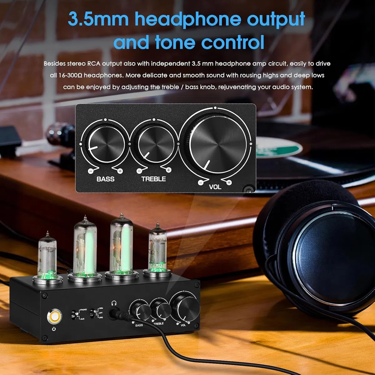Preamplificatore Phono a Valvole, Preamplificatore per Giradischi/Lettore MM, con Gain Gear, Manopola di Controllo del Volume, Uscita Stereo L/R/RCA/Jack da 3,5 Mm