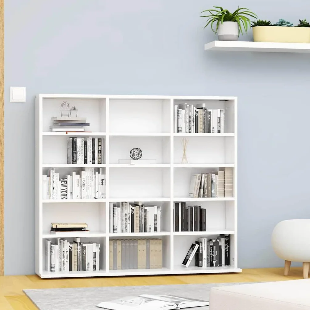 Scaffale per CD, in legno bianco, 100 x 23 x 89,5 cm, con 15 scomparti aperti, per soggiorno, camera da letto, ufficio, pratico contenitore multimediale per CD, DVD, accessori Hi-Fi