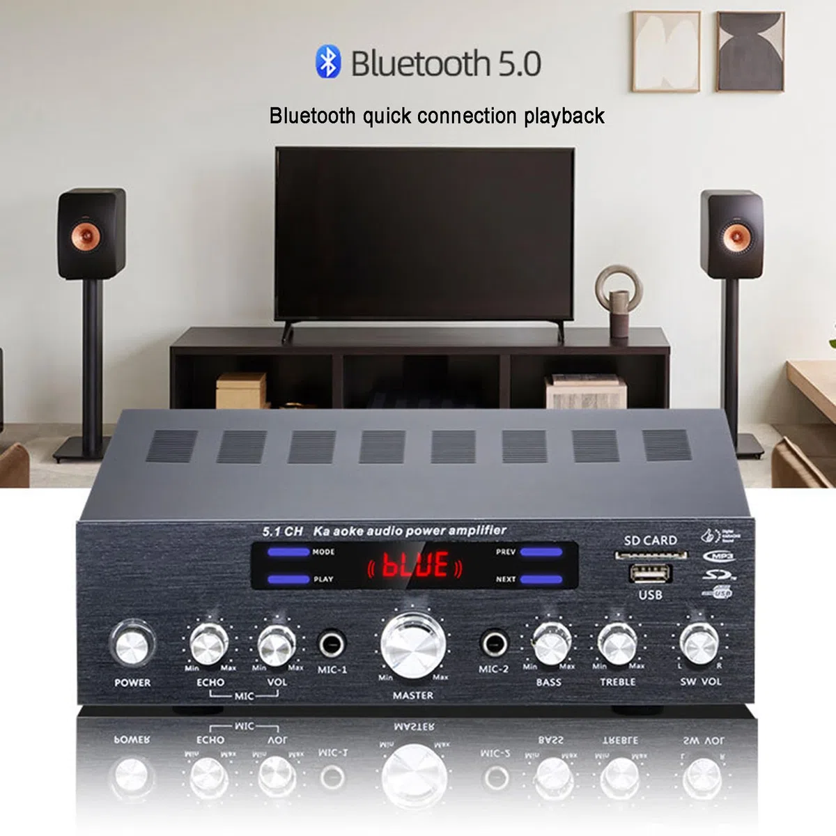 Amplificatore Bluetooth 5.1, Amplificatore Audio Stereo HiFi per Altoparlanti, con Display LCD E Telecomando, Ingresso USB/SD/RCA/Mic