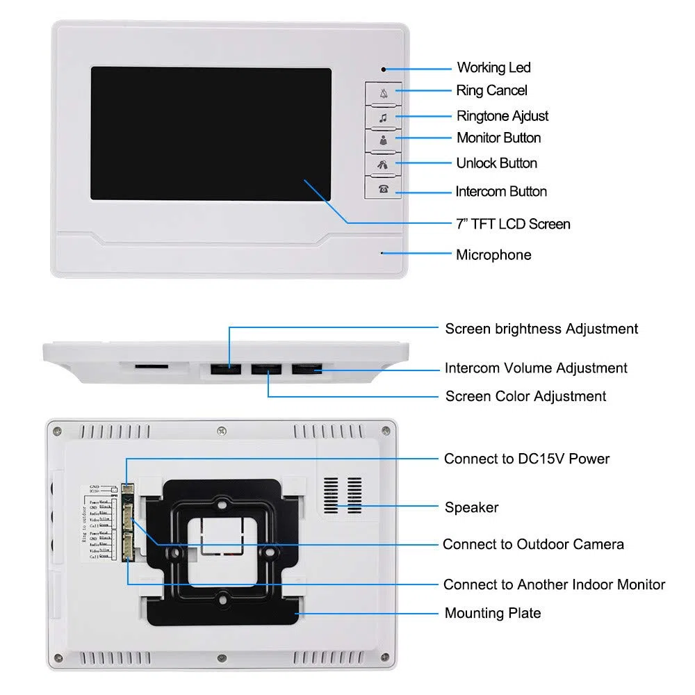 Videocitofono campanello citofono Kit sistema 7 pollici chiaro display IR Solo movimento porta visione notturna campanello 2 monitor per casa/appartamenti