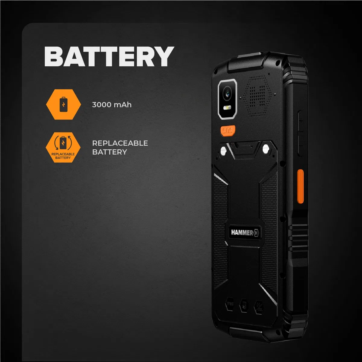 Hammer H Horizon LTE Telefono Rugged senza Contratto, Batteria 3000mAh, 64 GB, Display IPS 2,8", Tasti Grandi, Tasto SOS, Torcia, Fotocamera 2 MP, Radio FM, USB-C, Dual SIM, IP68/MIL-STD-810H, Nero