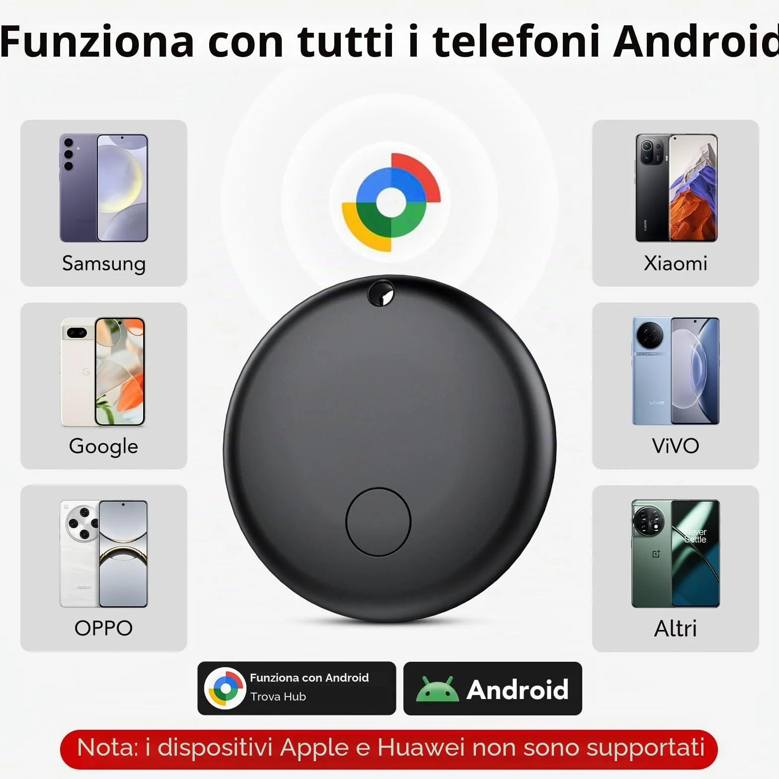 Android Smart Tag, Tracker con Google's Find Hub (Solo Android), IP68 Impermeabile, Bluetooth Localizzatore con Custodia Protettiva, Trova Oggetti per Chiavi/Bagagli/Portafogli, 4 Nero
