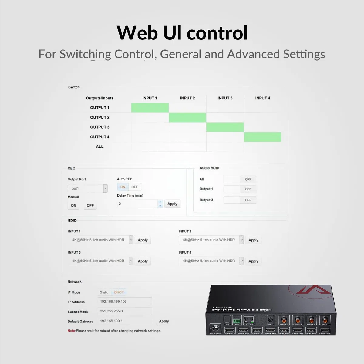 AV Access Matrice HDMI Splitter 4x4, 4K@60Hz con HDR10 e 3D, Estrazione Audio, Downscaler da 4K a 1080P, SPDIF 5.1CH, Memoria di Spegnimento, Web UI + RS232 + IR + Controllo Pulsante, HDCP 2.2