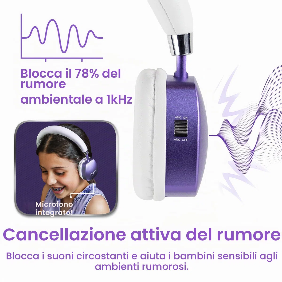 Puro Sound Labs PuroQuiet Plus, cuffie Bluetooth ANC per bambini, con microfono e suono sicuro, qualità studio (viola)